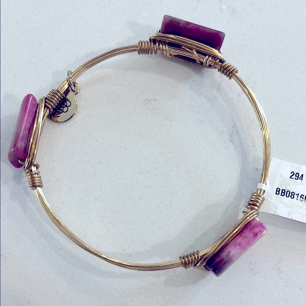 Bourbon and Bowties Gold Tone Wrap Bangle Bracelet 3 Pink Rectangle Stones